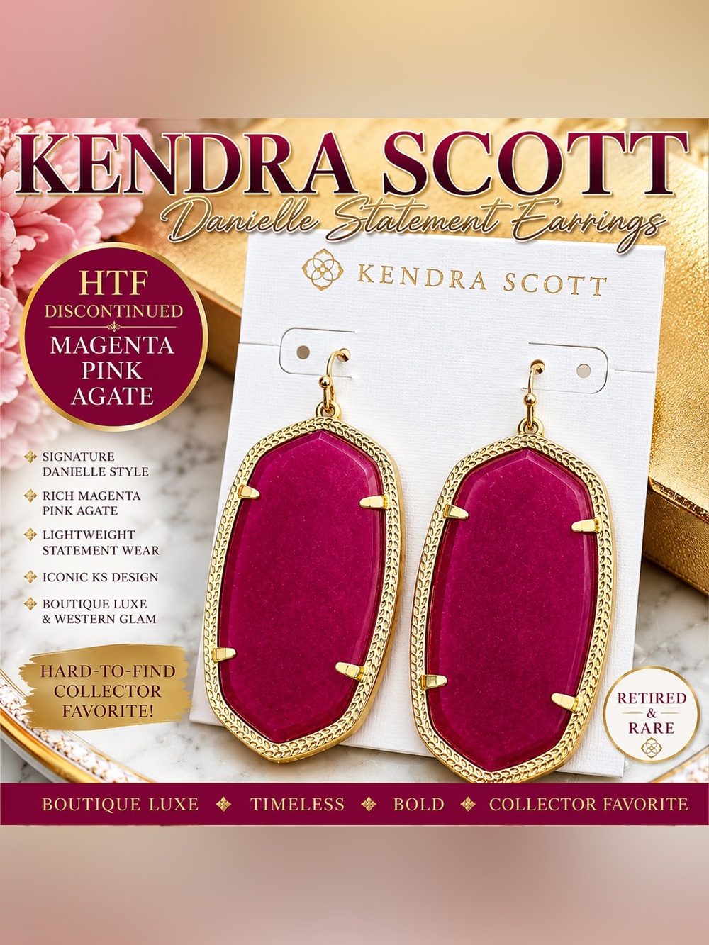 Kendra Scott Danielle Statement Earrings Magenta Pink Agate Gold HTF Retired
